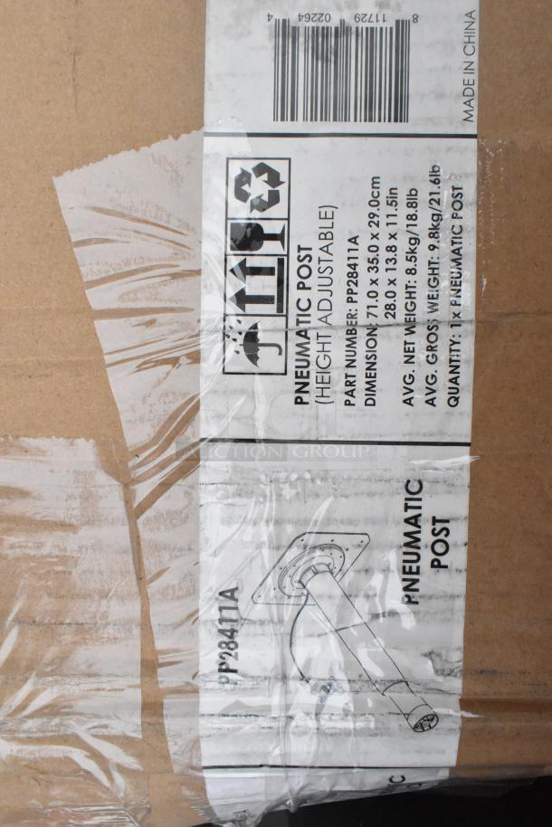 Pallet lot labeled "Pneumatic Post," part number PP28411A, includes shelves, bins, bowls, table base posts.