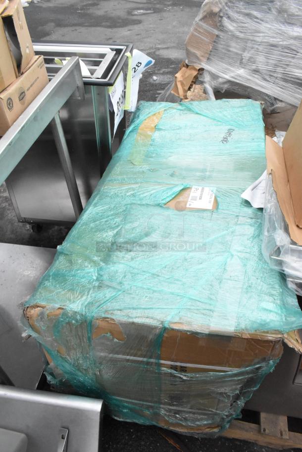 Pallet lot with metal shelves, poly bins, bowls, wrapped and labeled items. Various conditions, some boxed and open.