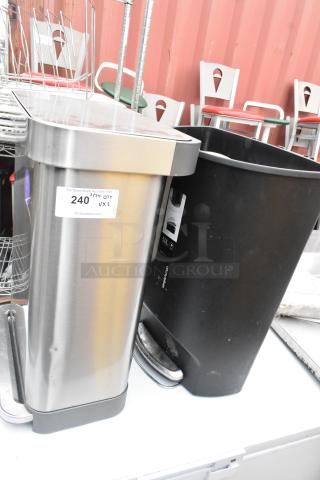 Black poly and chrome-finished trash cans with foot pedals; includes auction label indicating "240 QTY 2/2."