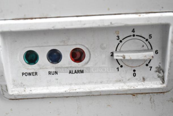 Coldline Chest Freezer controls showing power, run, alarm lights, and dial in used condition. 115 Volts, 1 Phase.