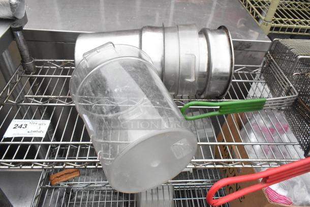 Chrome finish 3-tier wire shelving unit with fry baskets, cylindrical bins, and contents. Tag reads "243, 1, PCIauctions.com."