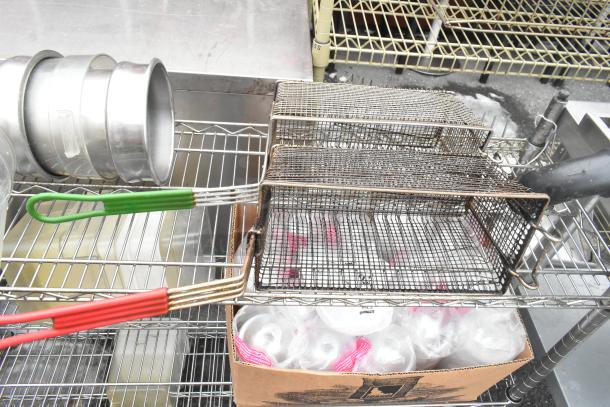 Chrome finish 3-tier wire shelving unit with fry baskets, cylindrical bins, and other contents. Buyer must dismantle.