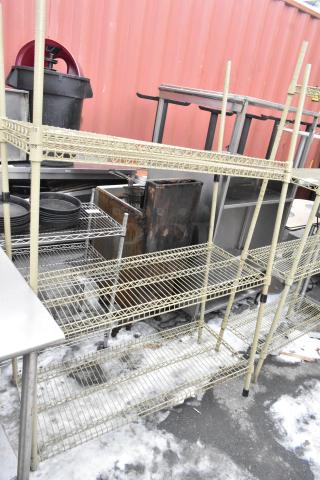 Tan finish 3-tier wire shelving unit in used condition. Buyer must dismantle. Consider freight charges for shipping.
