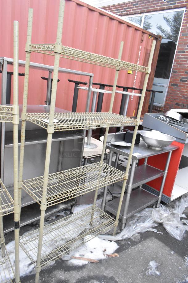 Tan finish 4-tier wire shelving unit, shown outdoors. Good condition, freestanding. Buyer must dismantle for transport.