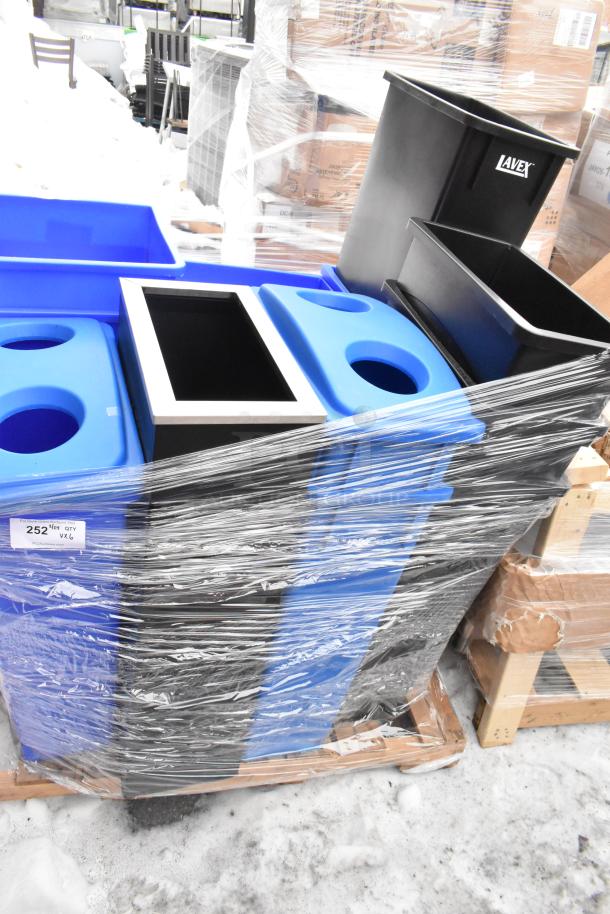 Six new scratch-and-dent Slim Line trash cans, wrapped on a pallet. Includes black and blue models, Lavex branding visible.