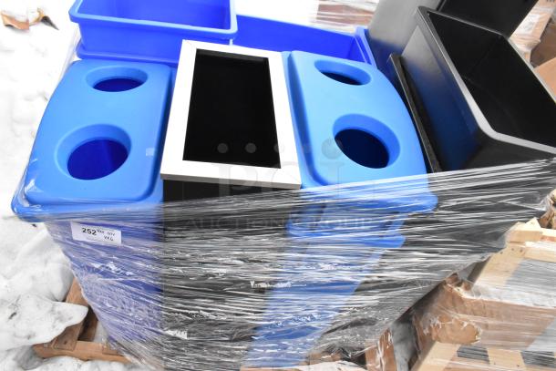 6 Brand New Scratch and Dent Slim Line Trash Cans, wrapped for auction. Includes blue lids. Quantity label: QTY 6.