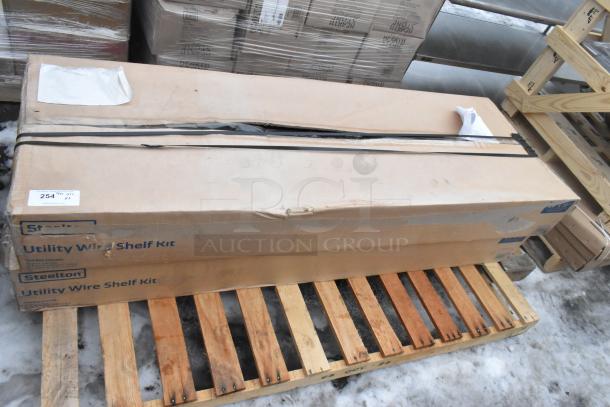 Steelton 465C2472KE5 24" x 72" NSF Chrome 5-Shelf Kit packed on pallet, new with visible outer box wear, box label reads "Utility Wire Shelf Kit".