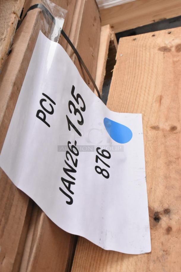 Label on wood crate showing "PCI JAN26-735 876." Contains new Eagle Group 18" stainless steel sink, right drainboard.