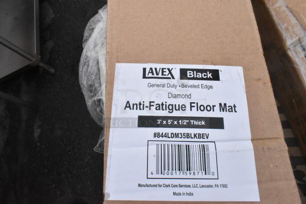 LAVEX Black Anti-Fatigue Floor Mat, 3'x5'x1/2", new, scratch and dent, label shows model #844LDM35BLKBEV, made in India.