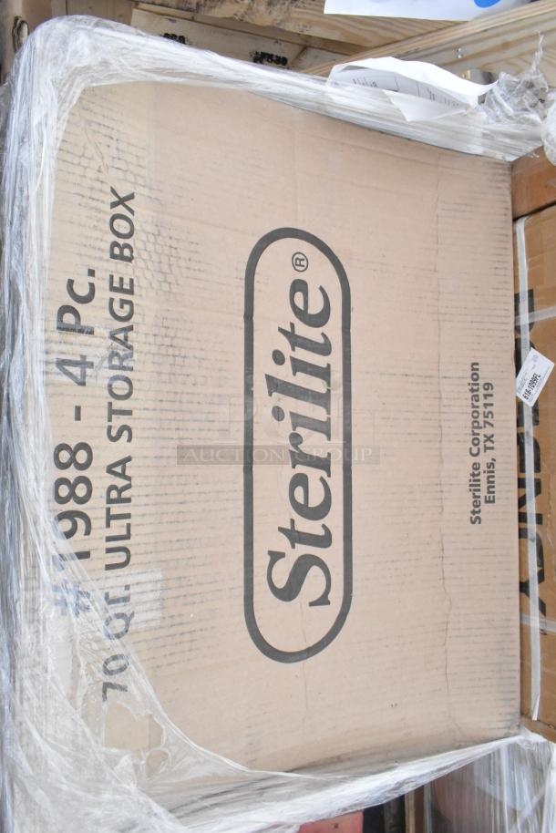 Cardboard box labeled "Sterilite 1988 4 PC 70 QT Ultra Storage Box," wrapped in plastic. Box condition appears new.