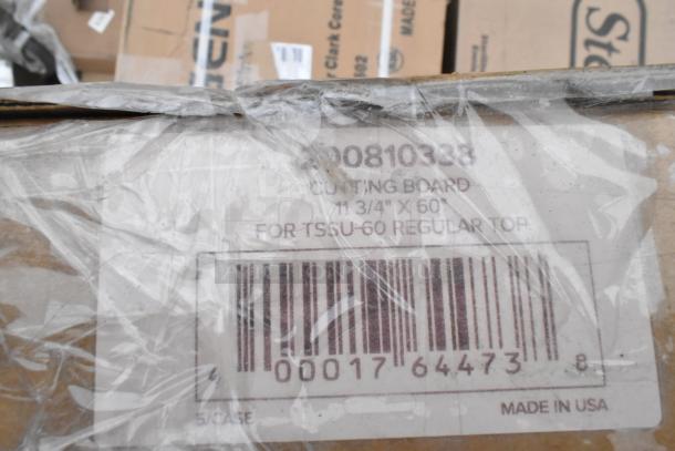 Label on a box showing barcode, "00810338" item number, details for a cutting board 11 3/4" x 60" for TSSU-60 regular top, made in USA.