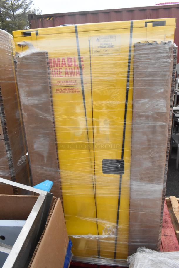 Brand new Durham Mfg 1060S-50 60 Gallon Steel Flammable Liquids Storage Cabinet, self-closing, minor dents, labeled for safety.