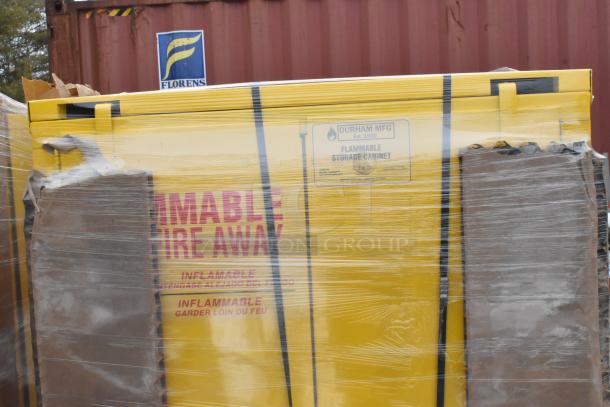 Brand new Durham Mfg 60-gallon steel flammable liquids storage cabinet, model 1060S-50. Minor scratches, self-closing feature.