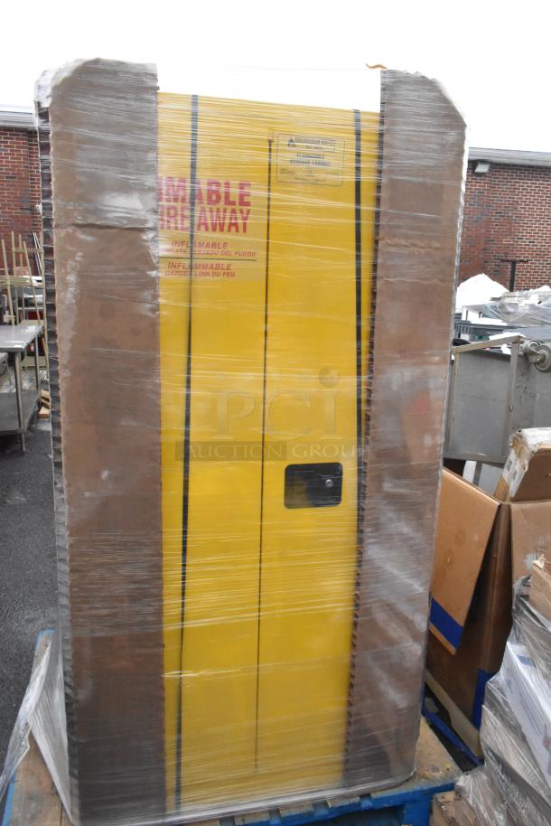 Brand new Durham Mfg 1060S-50 steel flammable liquids storage cabinet, 60-gallon, self-closing door, minor scratches/dents.