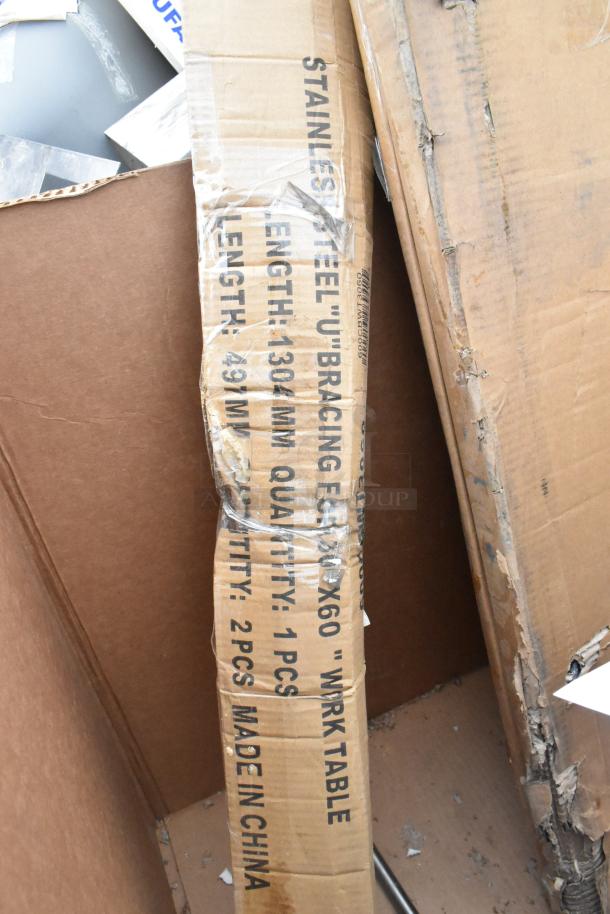 Cardboard packaging for stainless steel "U" bracing, 60"x30", quantity: 2, made in China, with visible tape and dents.