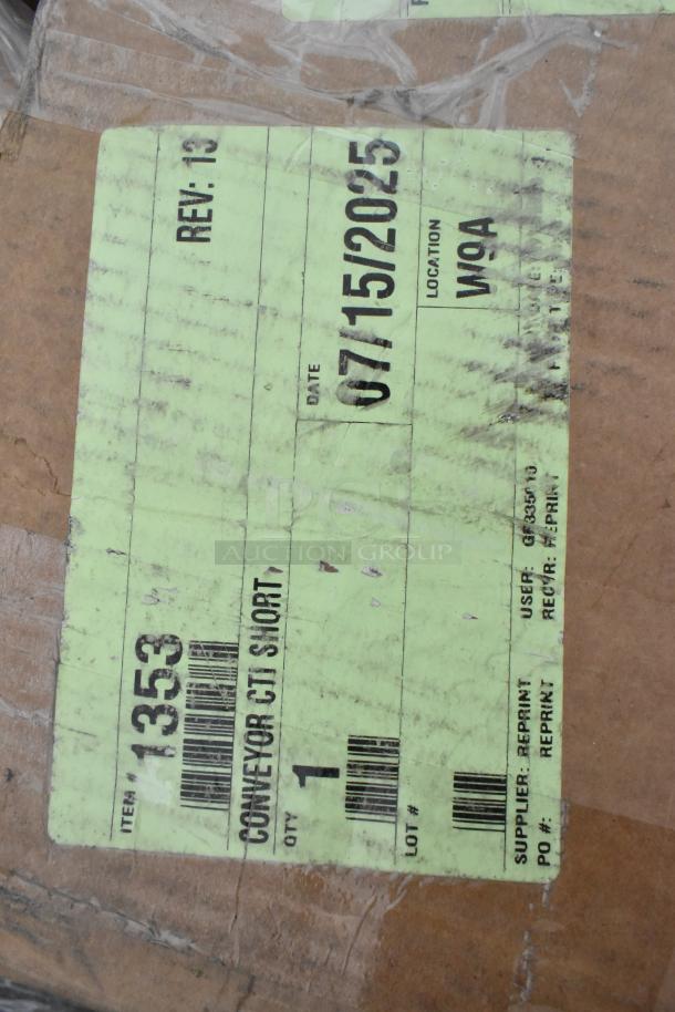 Cardboard box with a green label showing item 1353, "Conveyor Cjt Short," dated 07/15/2025, location W9A.