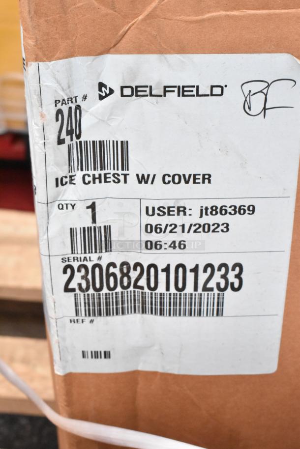 Delfield ice chest with cover label, part #240, serial #2306820101233, new condition, on cardboard box.
