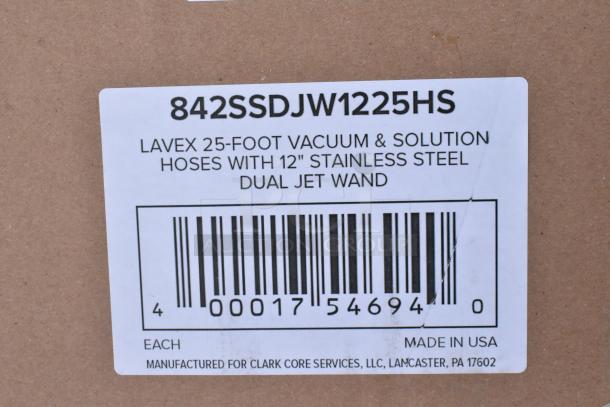 Label on Lavex 25-foot vacuum and solution hoses with 12" stainless steel dual jet wand, barcode shown.