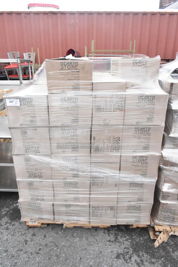 Pallet of 45 Hearthstone 0567 #500 food trays, brand new in scratch and dent condition, wrapped in plastic.
