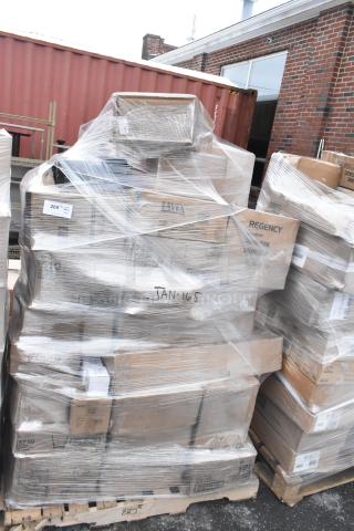 Pallet of 36 brand new scratch and dent items, including butane range, casters, plates, trays, wrapped in plastic.