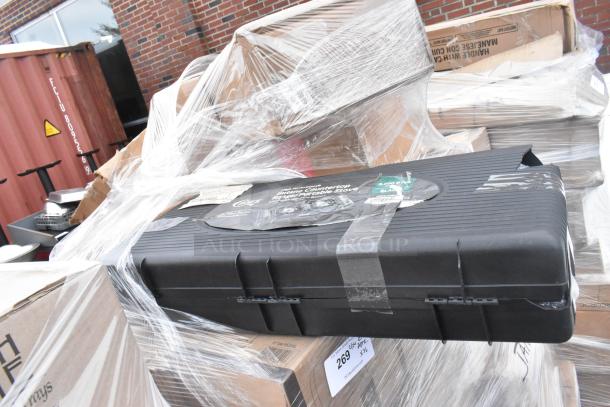 36 brand new scratch and dent items, including a butane range, plates, trays, and casters, wrapped in plastic on pallets.