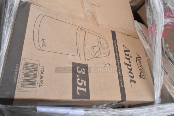 Cardboard box labeled "Avantco Airpot 3.5L, Stainless Steel Lined with Lever." Contains brand new items for auction.
