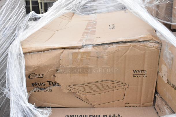 Cardboard boxes labeled "Choice Bus Tubs" with visible damage, wrapped in plastic. Contains mixed scratch and dent items.