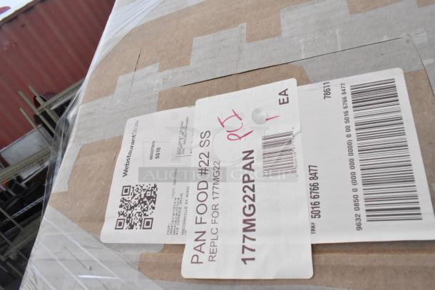 Cardboard box with labels: "WebstaurantStore," "PAN FOOD #22 SS," and barcode. Package containing auction items.