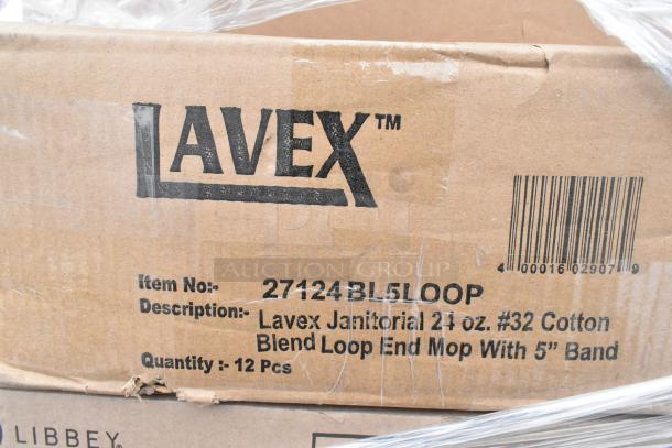 Box labeled Lavex Janitorial, containing 12 pieces of 21 oz. #32 cotton blend loop end mop with 5” band, item no. 27124BL5LOOP.