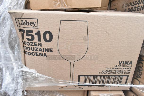 Libbey 7510 box, 12 dozen tall wine glasses, Vina 16 oz, shown stacked with protective wrap.