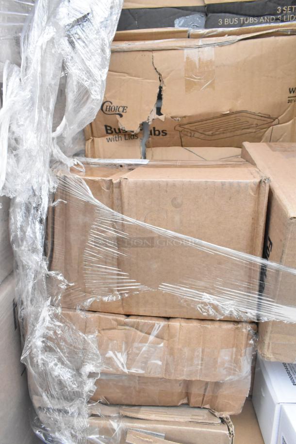 Stack of boxes labeled "Choice Bus Tubs" wrapped in plastic, showing some damage, containing 36 new scratch and dent items.