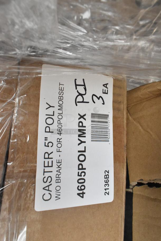 Label on cardboard box for 5" poly casters, 3 per box, model 4605POLYMPX, without brakes, wrapped in plastic.