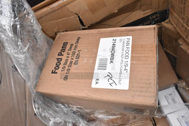 Cardboard box labeled "Food Pans 1/9 Size x 4" Deep; Model 21494CWBK." New condition, wrapped in plastic.