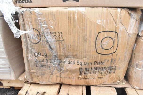 Cardboard box with International Tableware branding for quad 9" rounded square plates, marked "2 Dozen." Box is slightly worn.