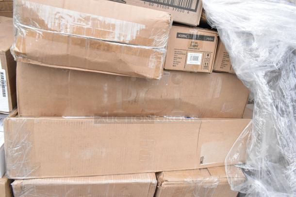 Pile of cardboard boxes containing 36 new scratch and dent items. Labels show "Acopa," and "Tupari" 24 oz size.