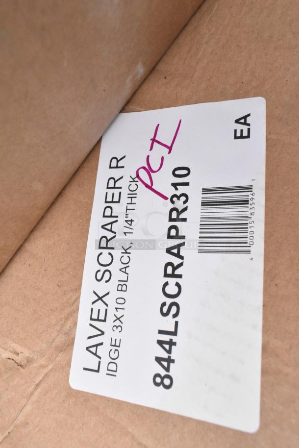 Label showing Lavex Scraper R, 3x10 black, 1/4" thick, model 844LSCRAPR310, part of scratch and dent auction items.