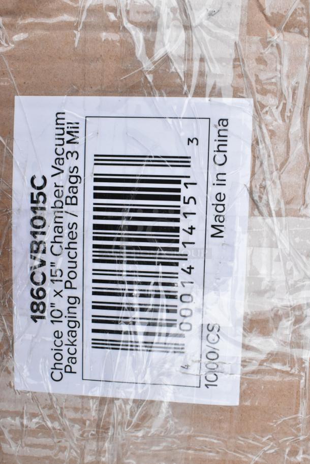 Label showing barcode, model 186CVB1015C, 10"x15" chamber vacuum packaging pouches, 3 mil, made in China.