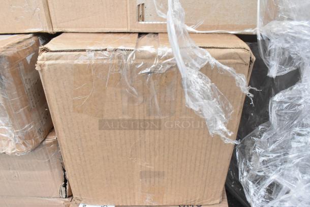 Cardboard boxes containing 36 scratch and dent items, wrapped in plastic. Includes butane range, casters, plates, trays.