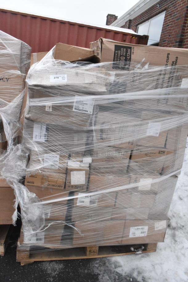 Pallet of brand new scratch and dent items, includes Arcoroc glasses and more. Boxes wrapped in plastic, visible labels.