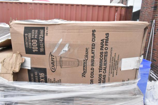Damaged box labeled "Dart ThermoGlaze," containing 1000 pieces, 16oz cold insulated cups. Box shows wear and tear.