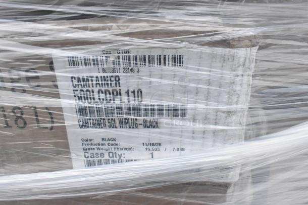 Plastic-wrapped carton with visible label: "CAMTAINER 500LCDPL110, Black." Case contains 42 new scratch and dent items.