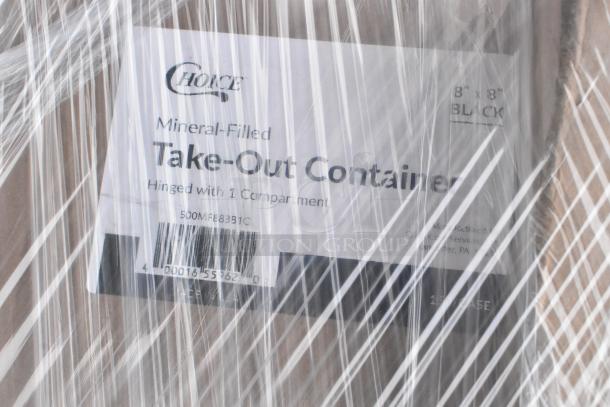 "Choice" labeled take-out containers, mineral-filled, 8"x8", black, hinged with 1 compartment, wrapped in plastic.