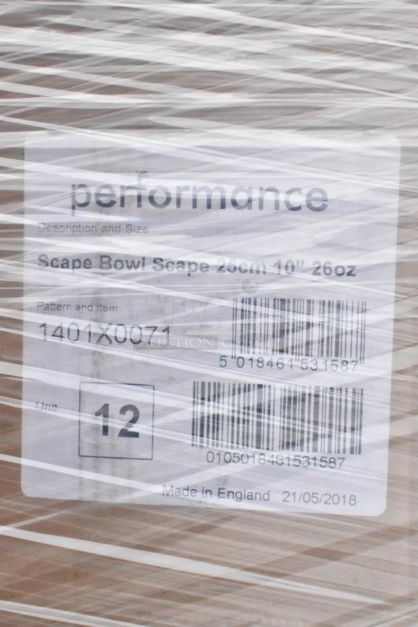 "Performance Scape Bowl label indicating 26cm size, 26oz capacity, pattern 1401X0071, made in England, dated 21/05/2018."