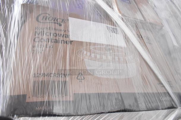 Sealed boxes of Choice heavy microwave containers wrapped in plastic. Items include Arcoroc glasses and dessert cups.