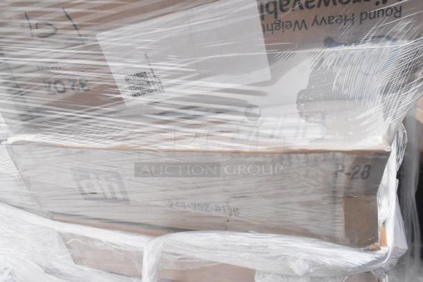 Boxes of brand new scratch and dent items, including Arcoroc rocks glasses, soup carriers, and dessert cups, wrapped in plastic.