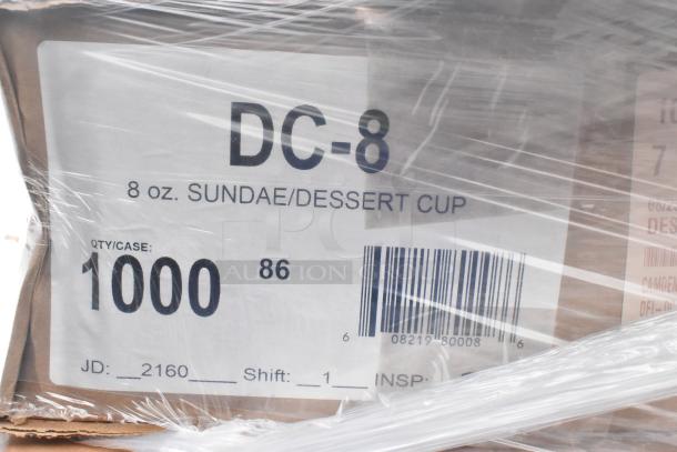 Box labeled "DC-8" containing 8 oz. sundae/dessert cups, quantity 1000, under plastic wrap.
