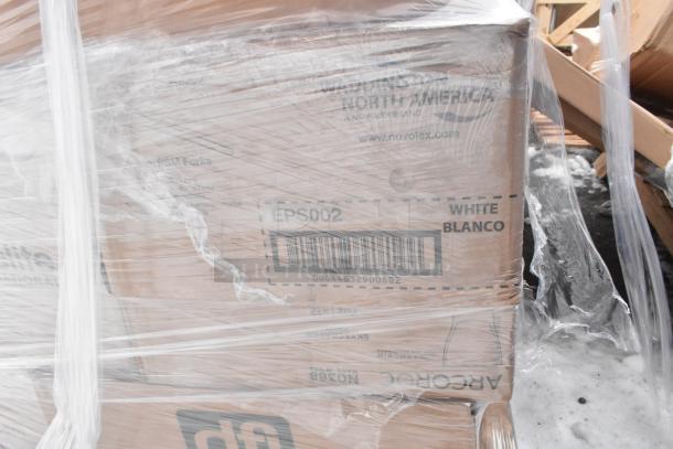 Pallet of brand new scratch and dent Arcoroc items, wrapped in plastic; includes rocks glasses and dessert cups.