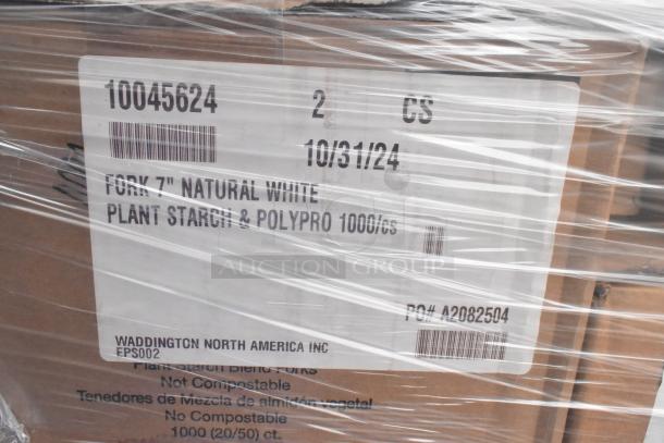 Boxes wrapped in clear plastic, labeled with "Fork 7” Natural White, Plant Starch & Polypro 1000/cs," and other specifications.