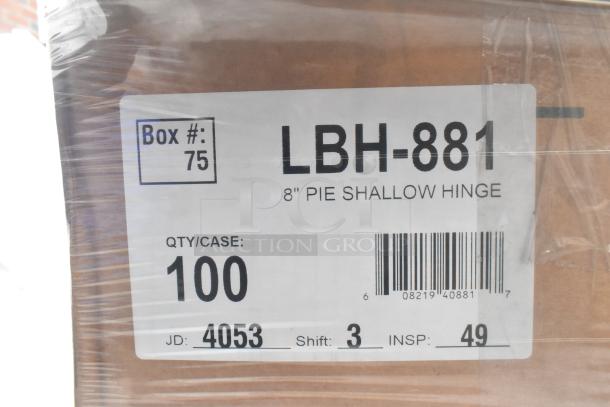 Box labeled "LBH-881" for 8" pie shallow hinge. Box #75, contains 100 items. JD: 4053, Shift: 3, Insp: 49.