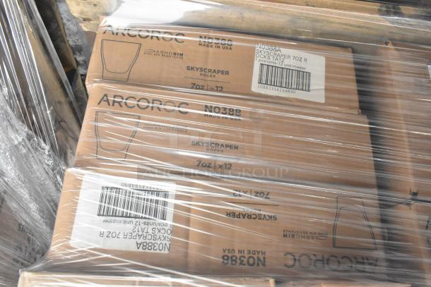 Boxes of Arcoroc Skyscraper rocks glasses, 7oz, model NO388A, brand new, wrapped in plastic.